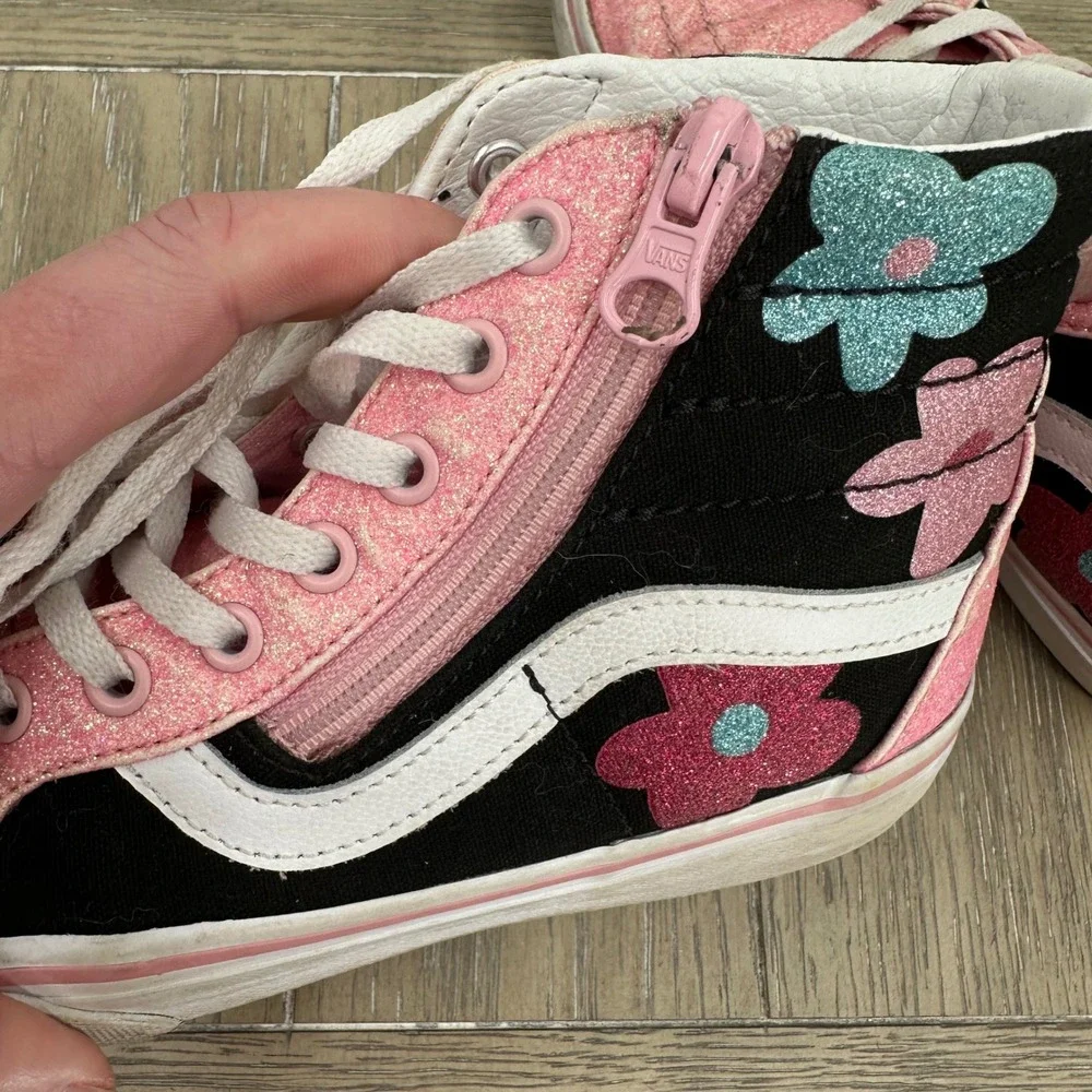 Vans‎ Sk8-Hi Zip Pink Glitter Floral High Top Sneakers Kids Size US 3.0